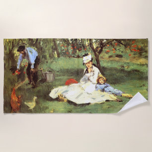 The Monet family in their garden Edouard Manet Beach Towel