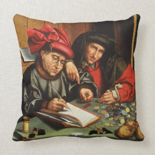 The Money Lenders (oil on oak panel) Cushion