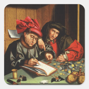 The Money Lenders (oil on oak panel) Square Sticker