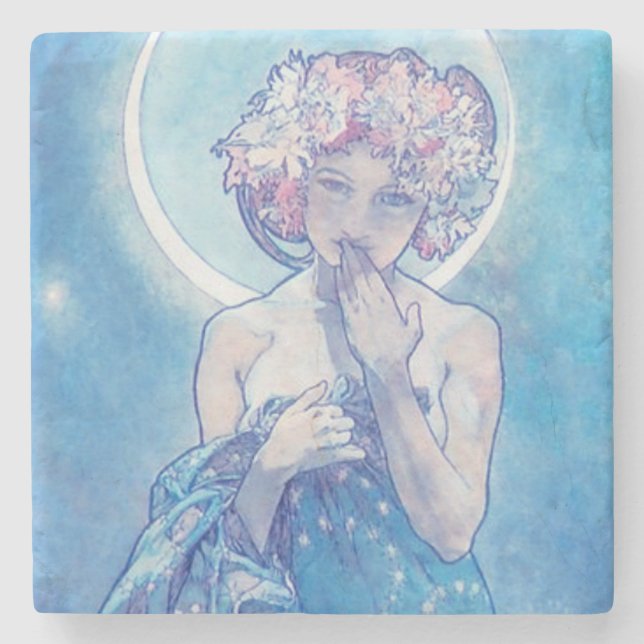 "The Moon" by Mucha, Blue Stone Coaster (Front)