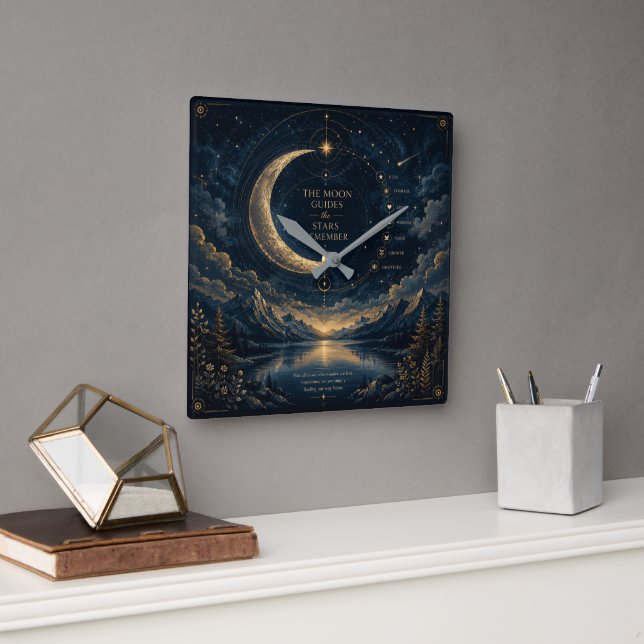 The Moon Guides | Celestial Moon & Stars Art Square Wall Clock (Office)