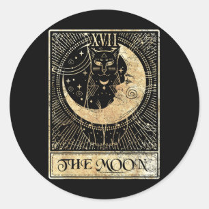 The Moon Tarot Card Crescent Cat Night Halloween C Classic Round Sticker
