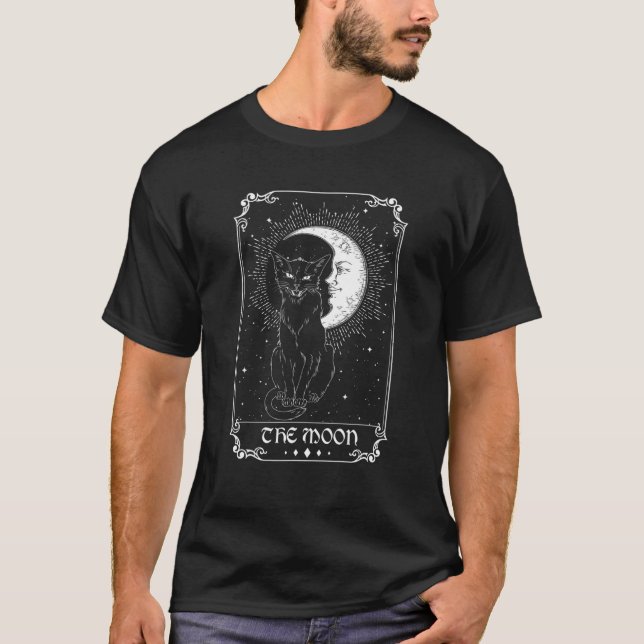 The Moon Tarot Card Crescent Moon And Cat Hallowee T-Shirt (Front)