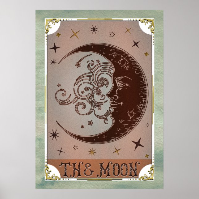 The Moon Vintage Tarot Card Celestial Art Poster (Front)