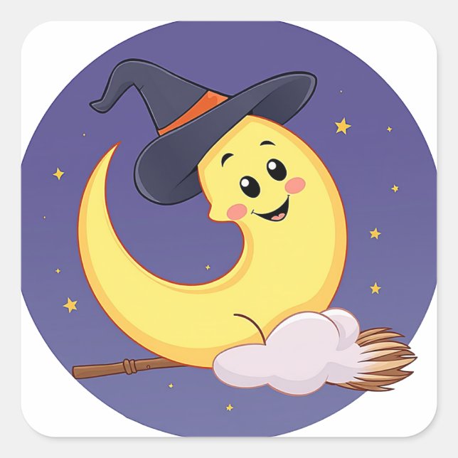The moon wears witch hat square sticker (Front)