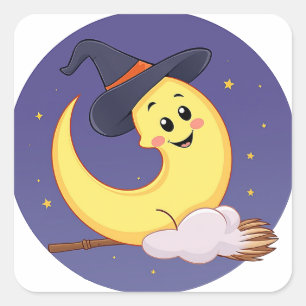 The moon wears witch hat square sticker