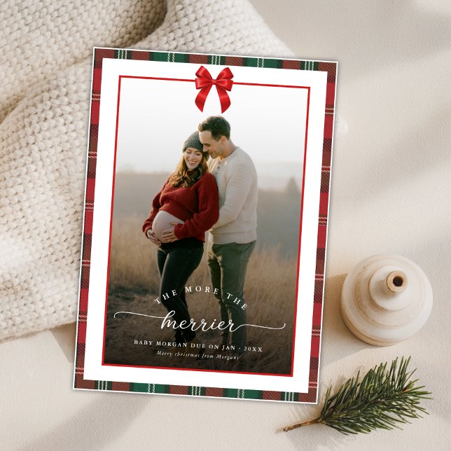 The More The Merrier Plaid Bow Christmas Pregnancy Holiday Card (Creator Uploaded)