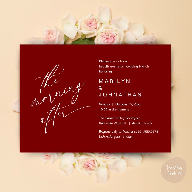 The Morning After, Happily Ever After Brunch Invitation (The Morning After, Happily Ever After Brunch Invites Card PDF Romantic Aesthetic Burgundy Wine Red)