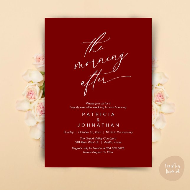 The Morning After, Happily Ever After Brunch Invitation (The Morning After, Happily Ever After Brunch Invites Card PDF Romantic Aesthetic Burgundy Wine Red)