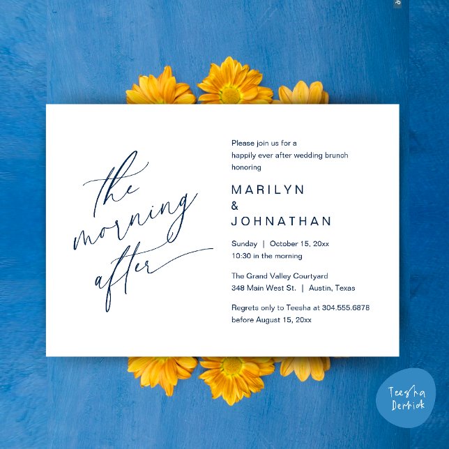 The Morning After, Happily Ever After Brunch Invitation (The Morning After, Happily Ever After Brunch Invites Card PDF Romantic Aesthetic Navy Blue)