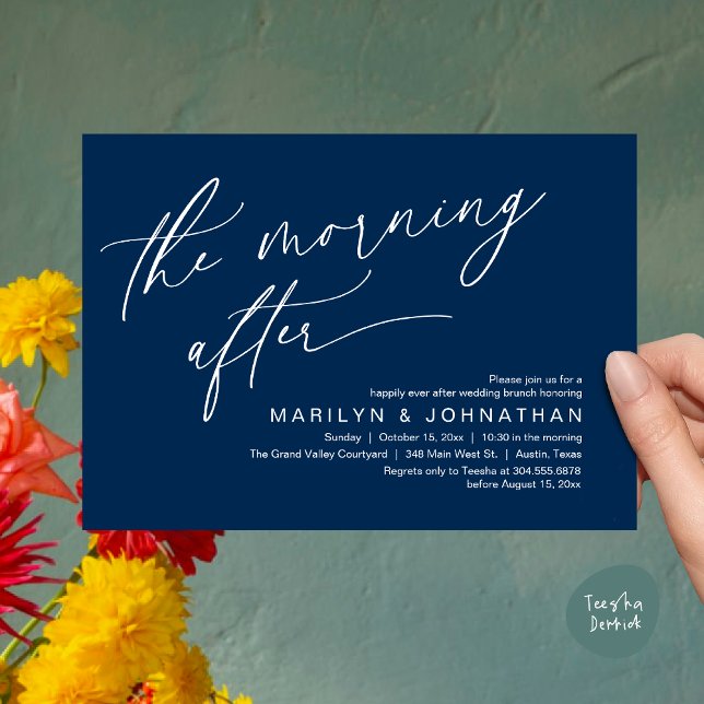 The Morning After, Happily Ever After Brunch Invitation (The Morning After Modern Romantic Post Wedding Elopement Brunch Invitation Card PDF in Navy Blue)