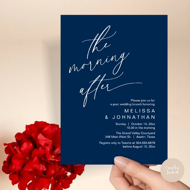 The Morning After, Happily Ever After Brunch Invitation (The Morning After Modern Romantic Post Wedding Elopement Brunch Invitation Card PDF in Navy Blue)