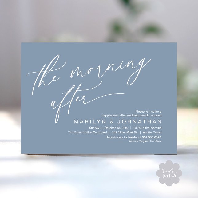The Morning After, Happily Ever After Brunch Invitation (The Morning After Modern Romantic Post Wedding Elopement Brunch Invitation Card PDF in Dusty Blue)