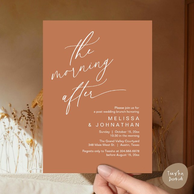 The Morning After, Happily Ever After Brunch Invitation (The Morning After Modern Romantic Post Wedding Elopement Brunch Invitation Card PDF in Copper Brown)