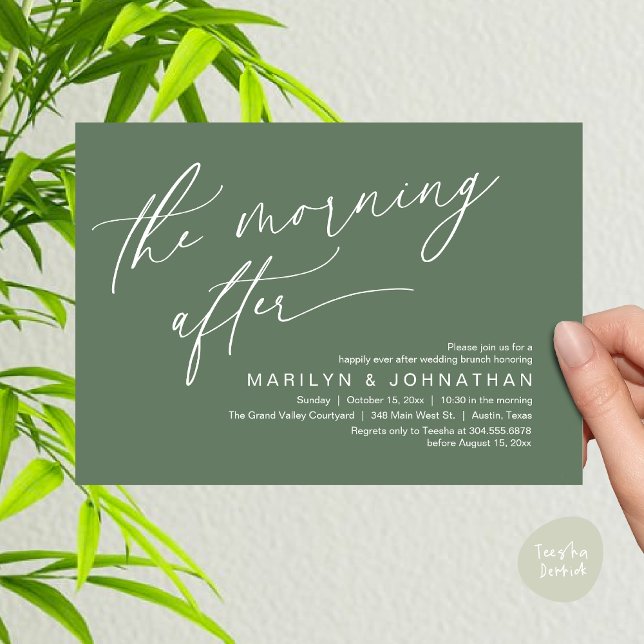 The Morning After, Happily Ever After Brunch Invitation (The Morning After Modern Romantic Post Wedding Elopement Brunch Invitation Card PDF in Sage Green)