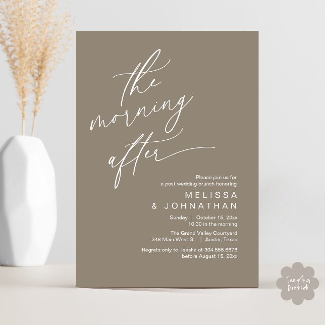 The Morning After, Happily Ever After Brunch Invitation (The Morning After Modern Romantic Post Wedding Elopement Brunch Invitation Card PDF in Taupe Brown)