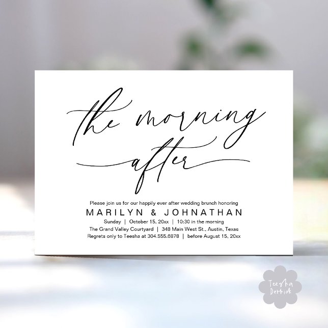 The Morning After Modern Wedding Elopement Brunch Invitation (The Morning After Modern Romantic Post Wedding Elopement Brunch Invitation Card PDF in White Black)