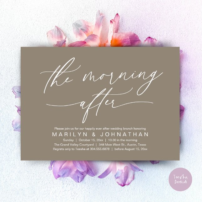 The Morning After Modern Wedding Elopement Brunch Invitation (The Morning After Modern Romantic Post Wedding Elopement Brunch Invitation Card PDF in Taupe Brown)