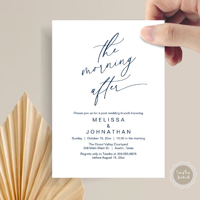 The Morning After, Romantic Post Wedding Brunch Invitation (The Morning After Modern Romantic Post Wedding Elopement Brunch Invitation Card PDF in Navy Blue)