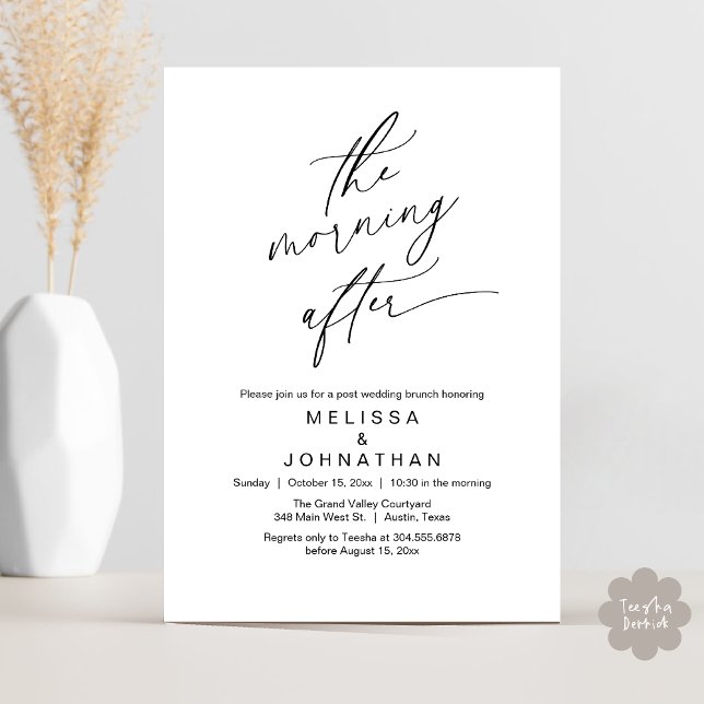 The Morning After, Romantic Post Wedding Brunch Invitation (The Morning After Modern Romantic Post Wedding Elopement Brunch Invitation Card PDF in White Black)