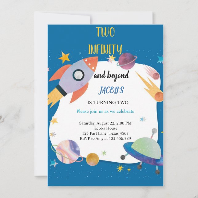 the most watercolor space planets birthday invitation (Front)