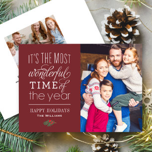 The Most Wonderful Time Merlot Red Photo Holiday Card