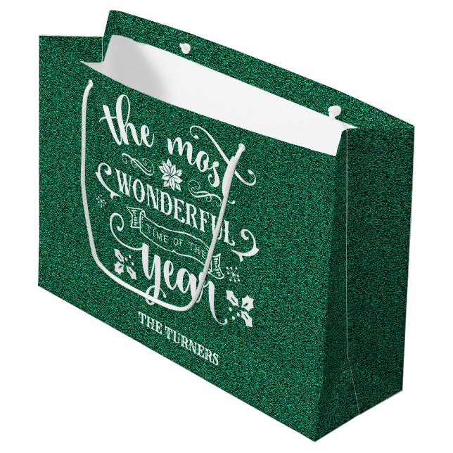 The Most Wonderful Time of the Year Green Monogram Large Gift Bag (Front Angled)