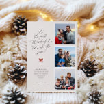 The Most Wonderful Time Of The Year Photo Holiday Card<br><div class="desc">it's the most Wonderful time of the year!,  modern minimalist 3 photo holiday card. Features,  soft beige and rustic red backgrounds with elegant black typography and festive red bow detail.</div>