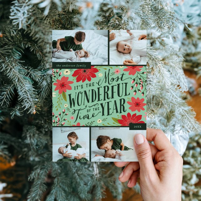 The Most Wonderful Time of Year Floral Photo Holiday Card (Creator Uploaded)