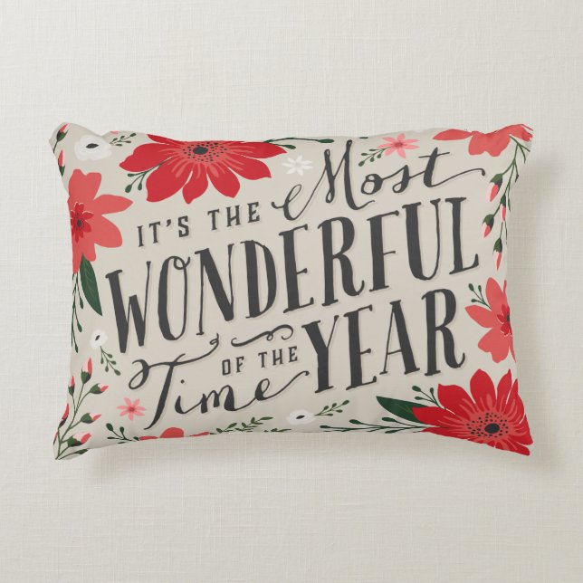 The Most Wonderful Time of Year Holiday Floral Decorative Cushion (Front)