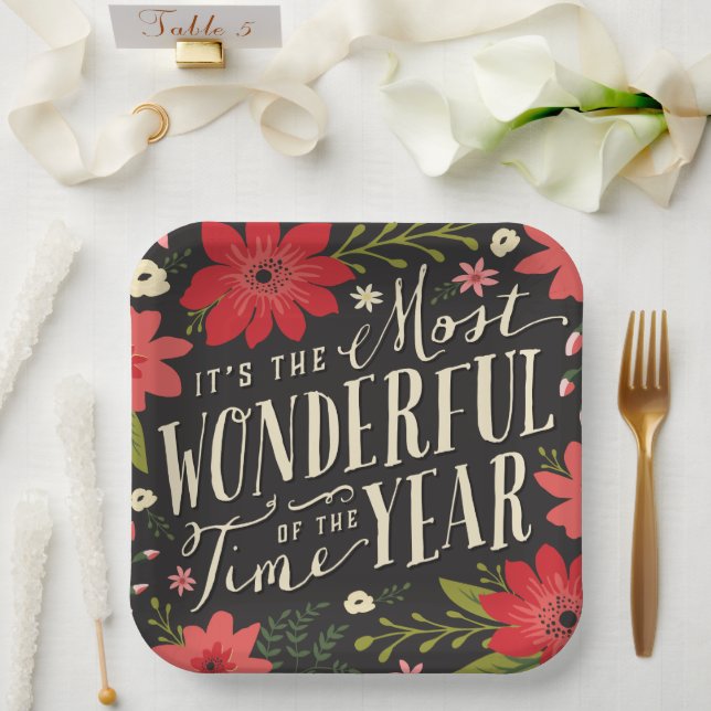 The Most Wonderful Time of Year Holiday Floral Paper Plate (Wedding)