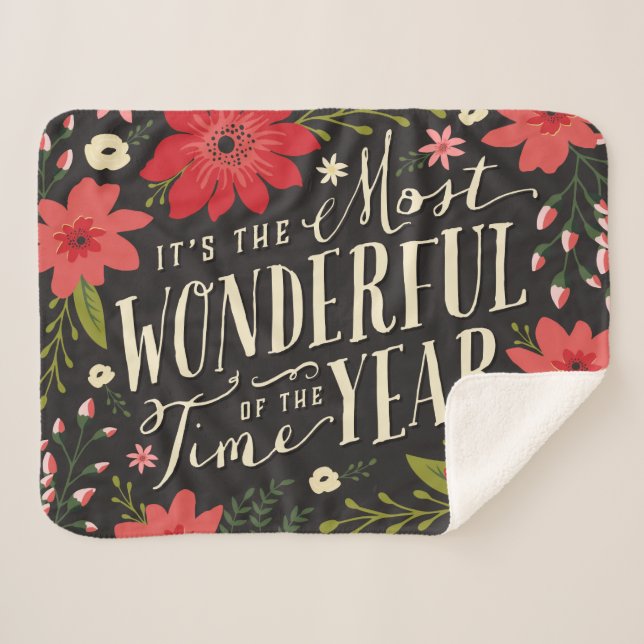 The Most Wonderful Time of Year Holiday Floral Sherpa Blanket (Front (Horizontal))