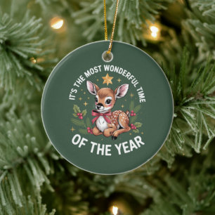 The Most Wonderful Time Vintage Deer Christmas  Ceramic Tree Decoration