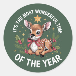 The Most Wonderful Time Vintage Deer Christmas  Classic Round Sticker