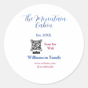 The mountain cabin add family name Q R scan wifi Classic Round Sticker