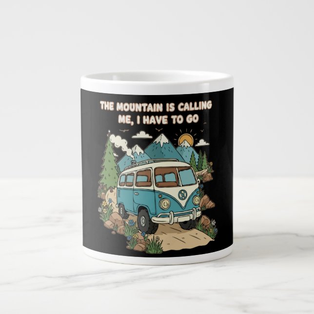 The Mountain Is Calling Retro Camper Van Nature  Large Coffee Mug (Front)