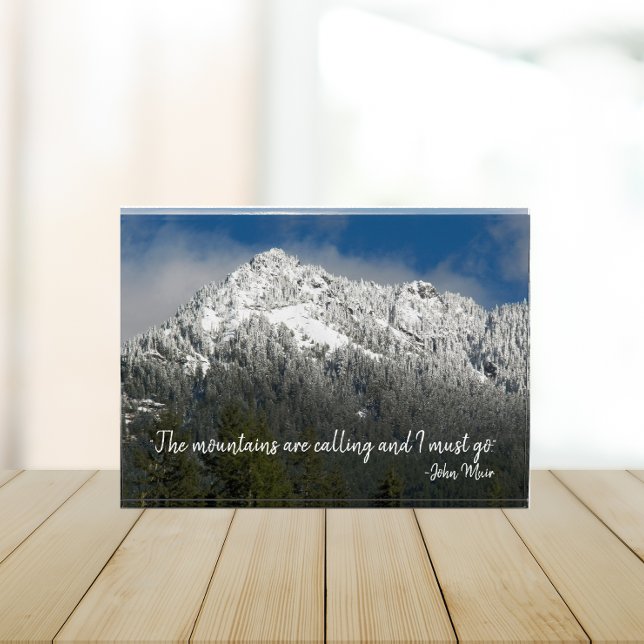 The Mountains are Calling Quote Snowy Mountain Photo Block (In Situ)