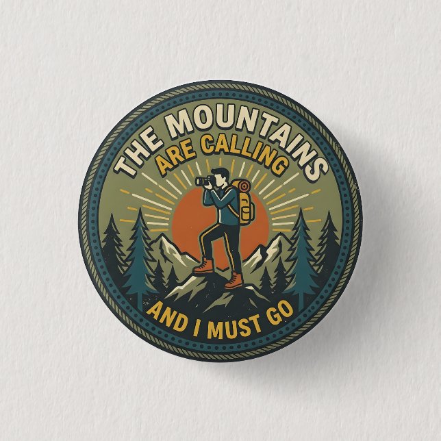 The Mountains Are Calling Vintage Hiking Badge (Front)