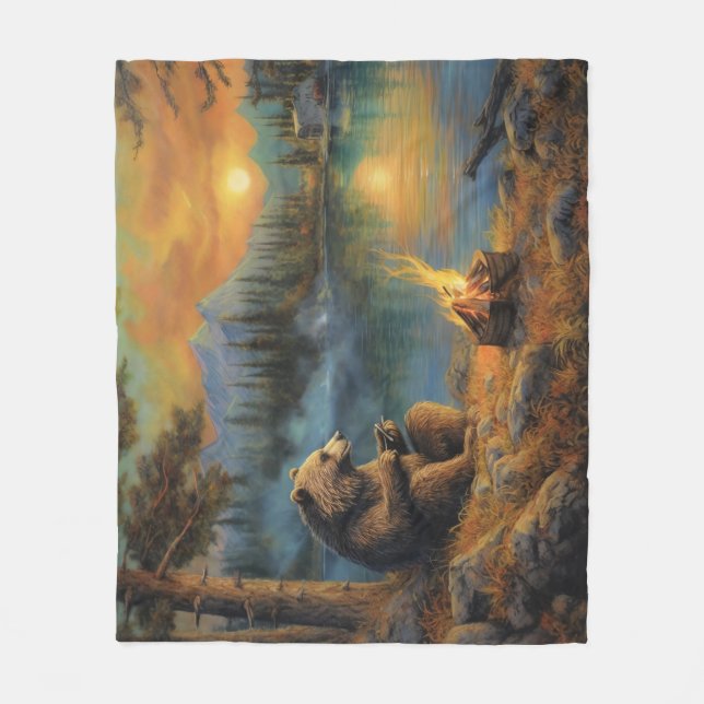 The Mountain's Hearthkeeper Grizzly Bear Campfire Fleece Blanket (Front)