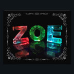The Name Zoe -  Name in Lights (Photograph) Photo Print<br><div class="desc">A little bit of magic for the Zoe in your life! The name Zoe is reflected in still water, with floating foil hexagons. The letters look as if they're carved from crackled ice or crystal. This image is a photograph of handmade letters, which change randomly, producing unique patterns and colours...</div>