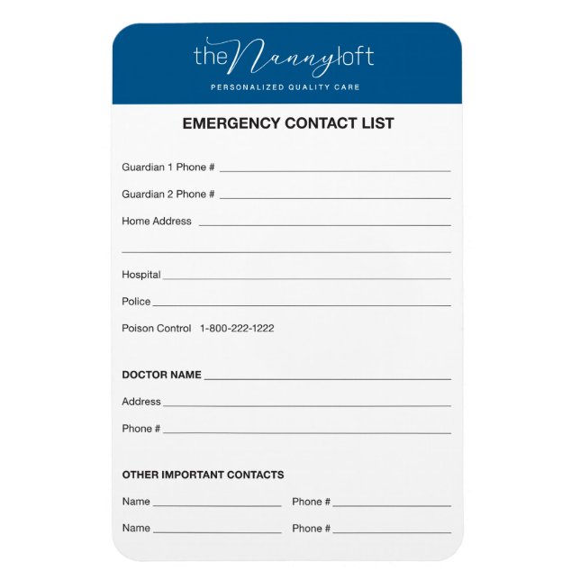 The Nanny Loft Emergency Contact Magnet (Vertical)