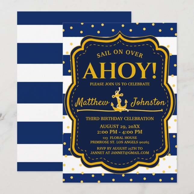 The Nautical Anchor Navy&Gold Stripe Baby Birthday Invitation (Front/Back)