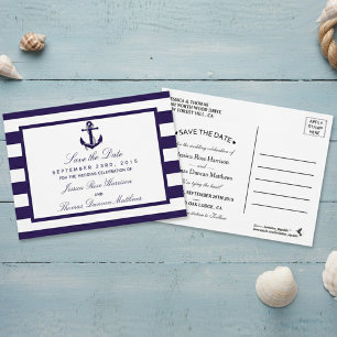 The Nautical Anchor Navy Stripe Wedding Collection Announcement Postcard