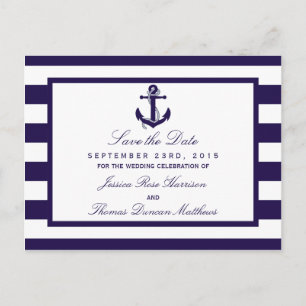 The Nautical Anchor Navy Stripe Wedding Collection Announcement Postcard