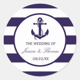 The Nautical Anchor Navy Stripe Wedding Collection Classic Round Sticker
