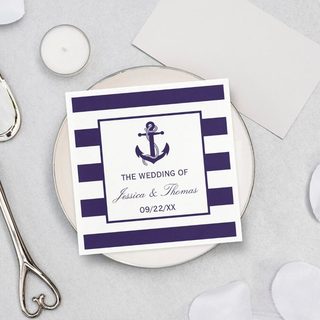 The Nautical Anchor Navy Stripe Wedding Collection Napkin (Creator Uploaded)