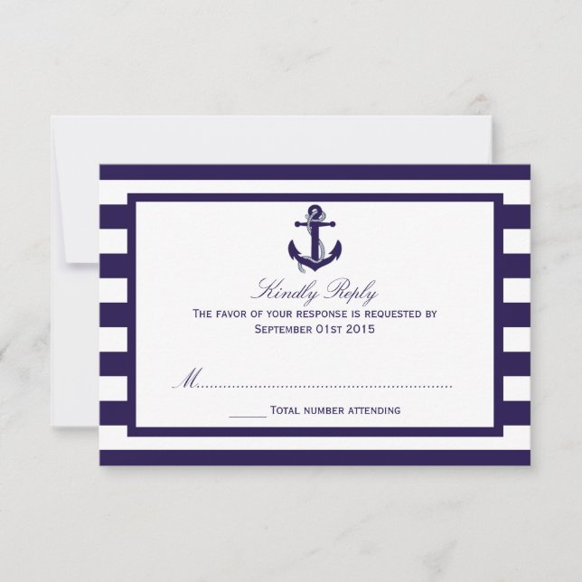 The Nautical Anchor Navy Stripe Wedding Collection RSVP Card (Front)