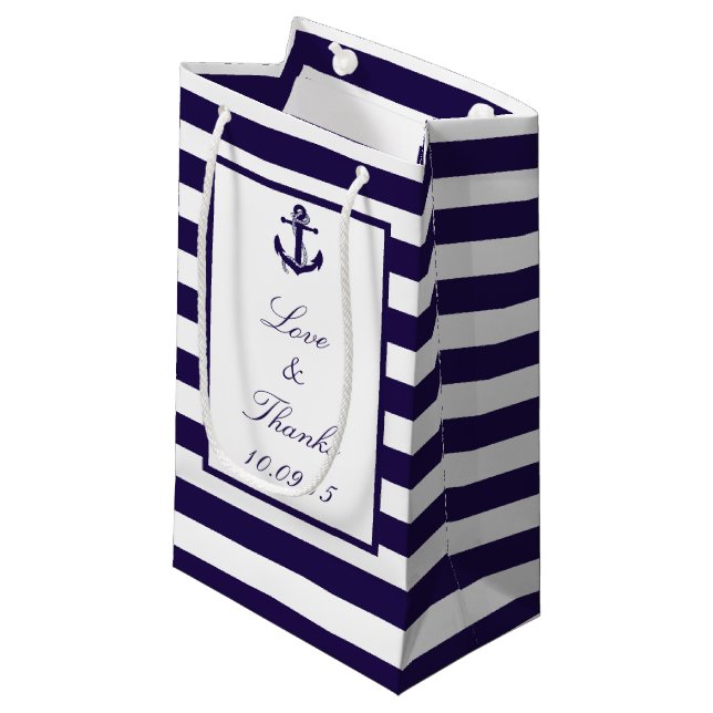 The Nautical Anchor Navy Stripe Wedding Collection Small Gift Bag (Front Angled)