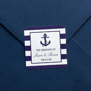 The Nautical Anchor Navy Stripe Wedding Collection Square Sticker