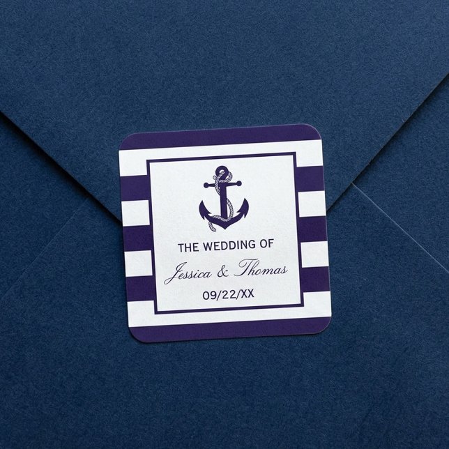 The Nautical Anchor Navy Stripe Wedding Collection Square Sticker (Creator Uploaded)